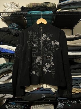 Women's Black Zip-Up Graphic Knit Jacket